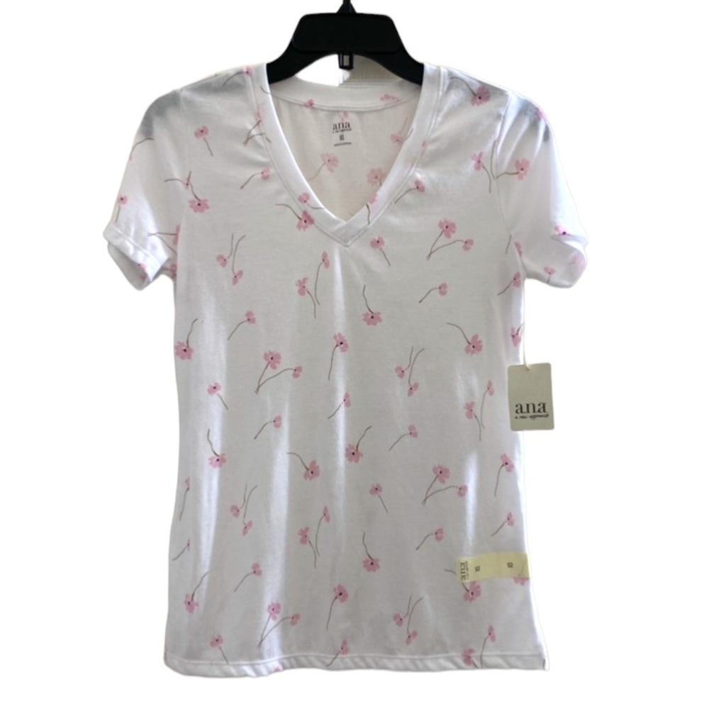 A.n.a Women’s Short Sleeve Floral Print White Shirt XS